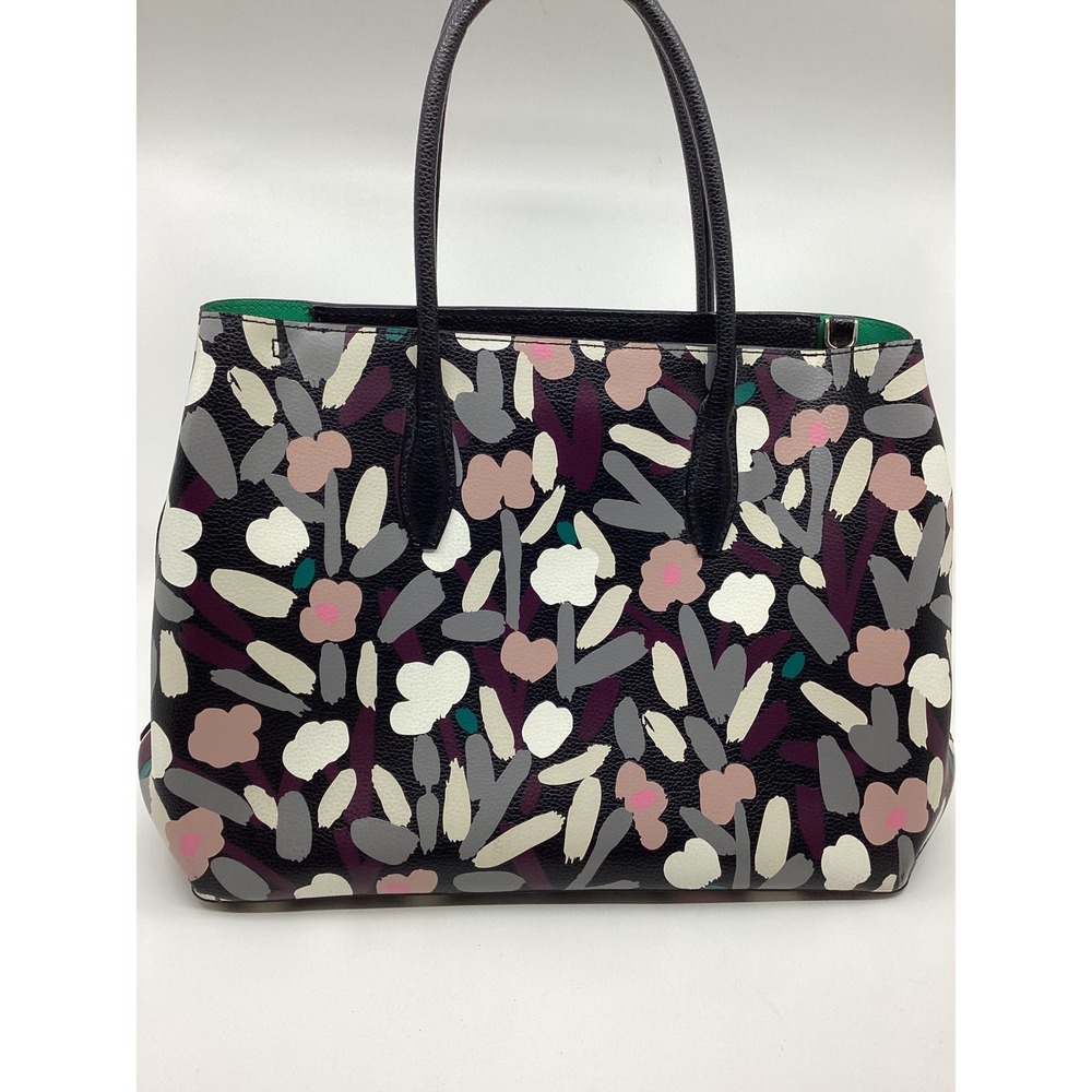 Kate Spade New York Black Floral Pebbled Leather Tote Bag Pink Purple Black - Picture 2 of 7